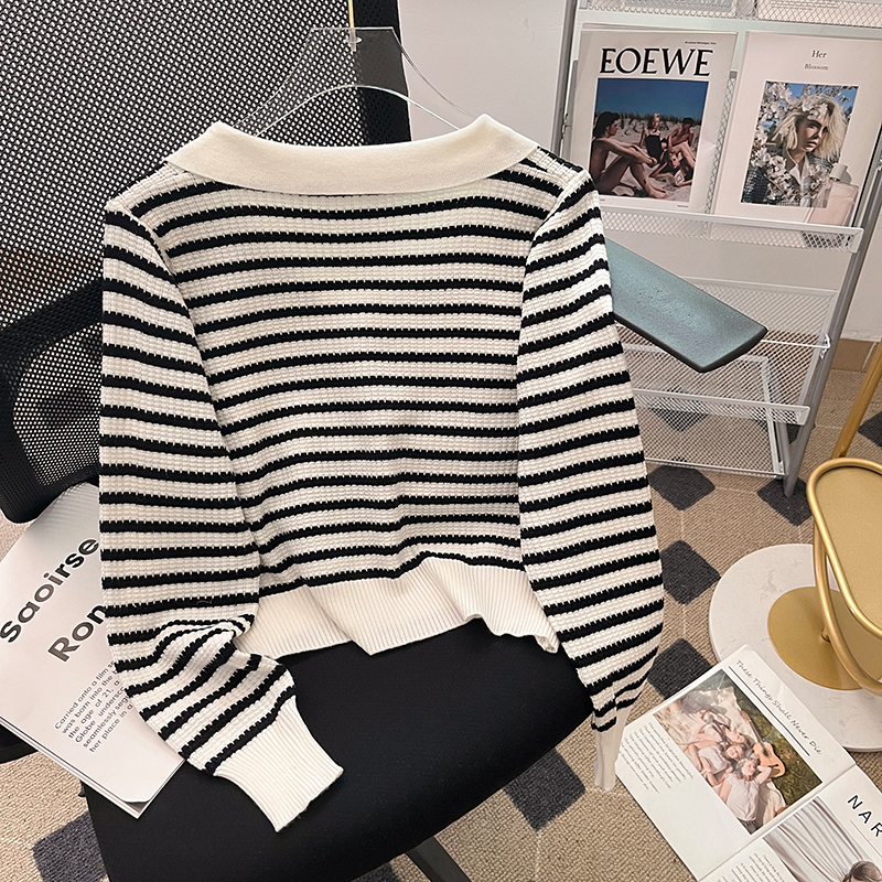 Autumn and winter lapel tops stripe sweater for women
