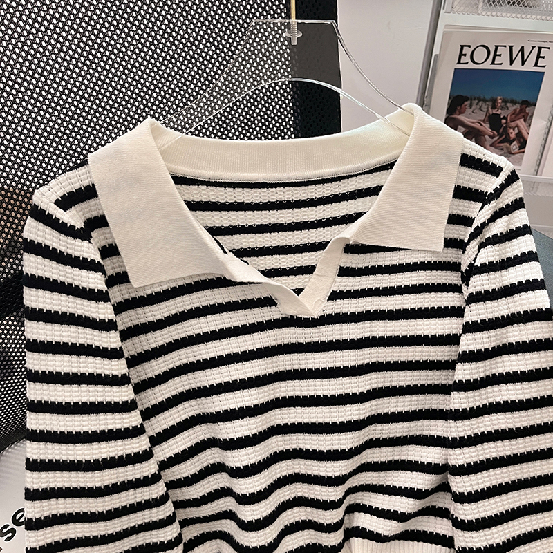 Autumn and winter lapel tops stripe sweater for women
