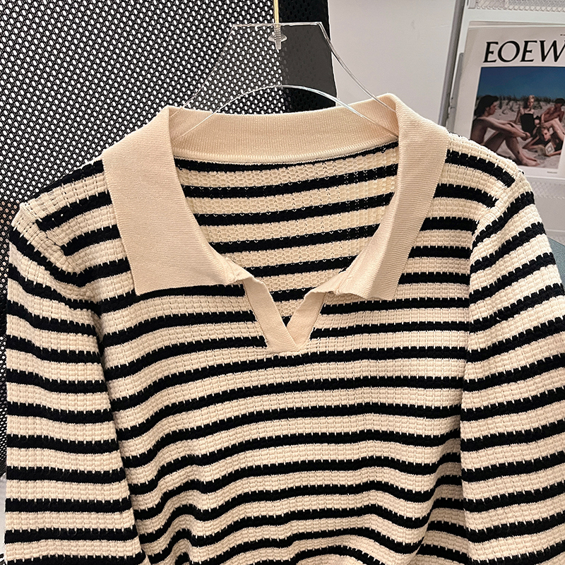 Autumn and winter lapel tops stripe sweater for women