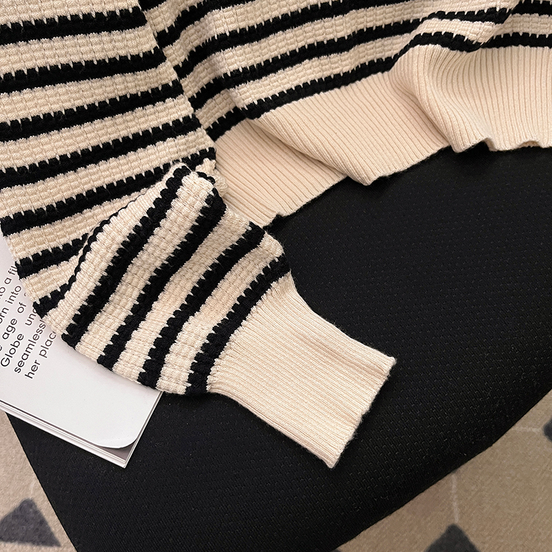 Autumn and winter lapel tops stripe sweater for women