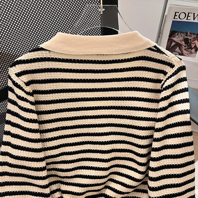 Autumn and winter lapel tops stripe sweater for women
