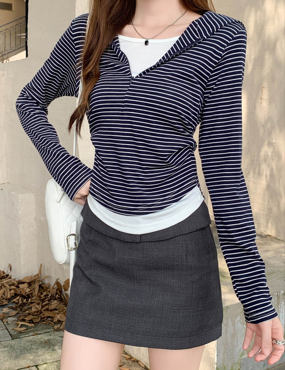 Korean style Pseudo-two stripe long sleeve T-shirt