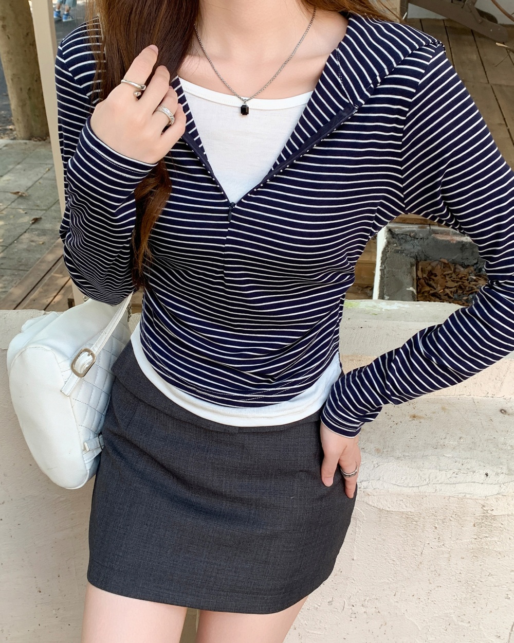Korean style Pseudo-two stripe long sleeve T-shirt