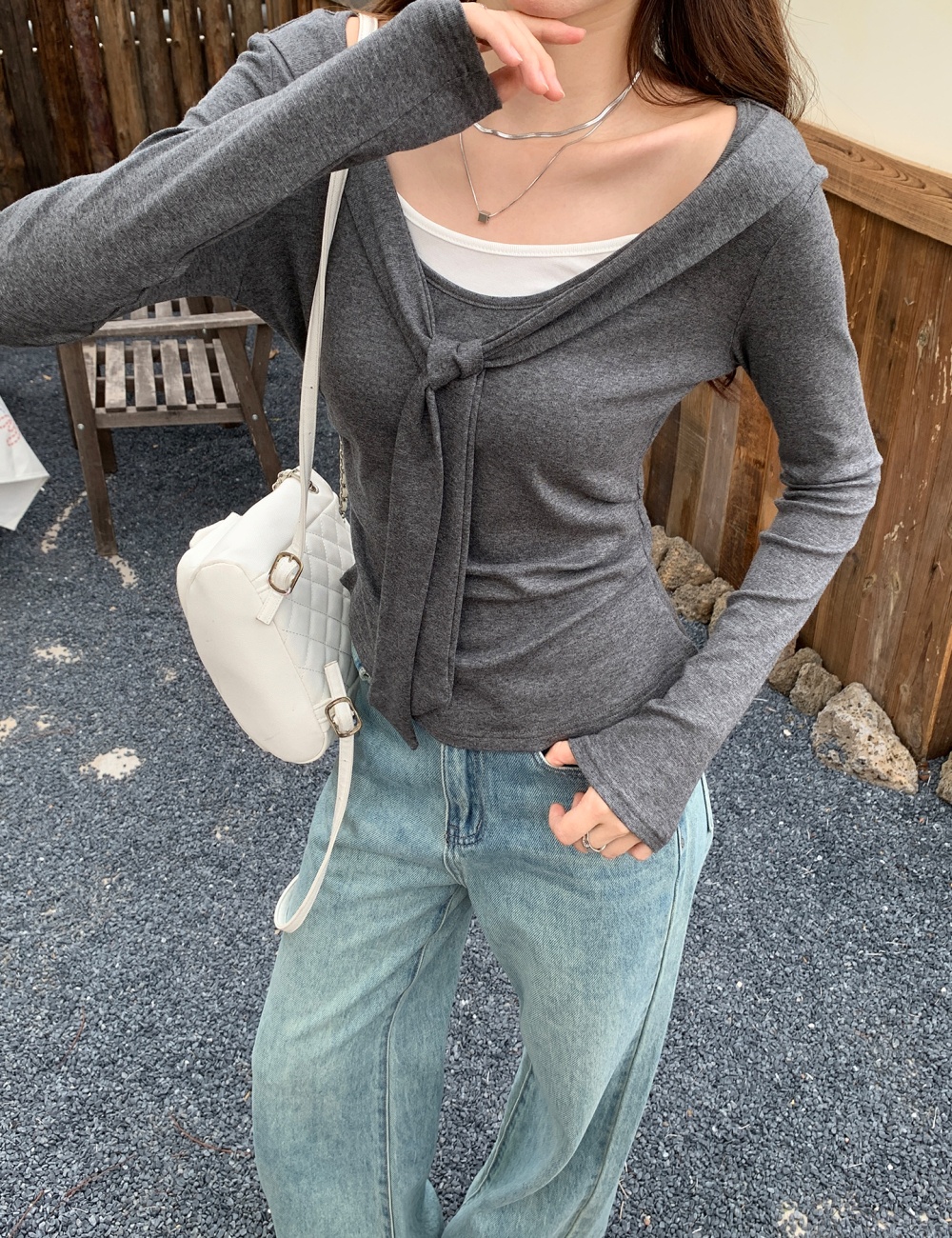 Pinched waist autumn shawl gray bottoming shirt