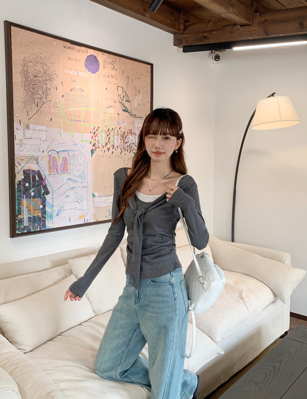Pinched waist autumn shawl gray bottoming shirt