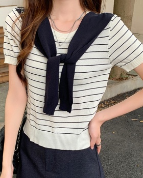 Stripe gray summer shawl loose short sleeve sweater for women