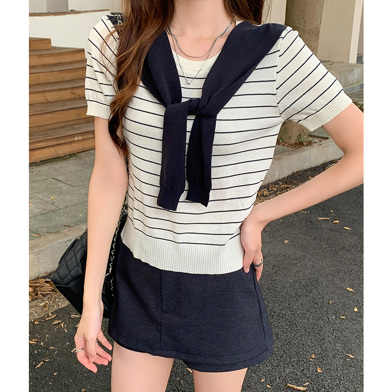 Stripe gray summer shawl loose short sleeve sweater for women