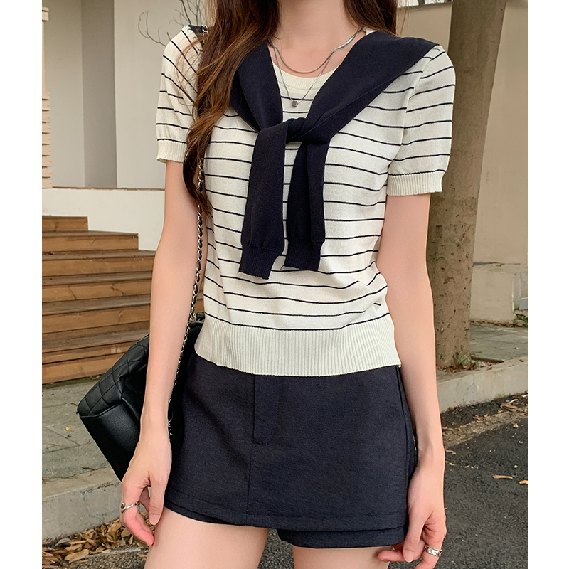 Stripe gray summer shawl loose short sleeve sweater for women