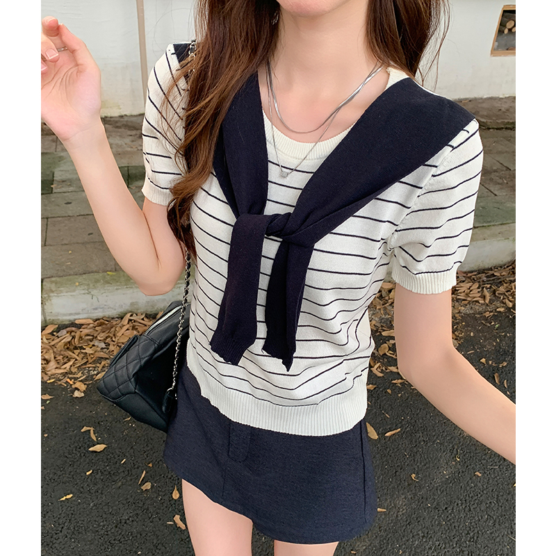 Stripe gray summer shawl loose short sleeve sweater for women