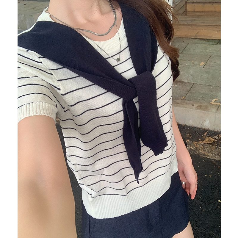 Stripe gray summer shawl loose short sleeve sweater for women