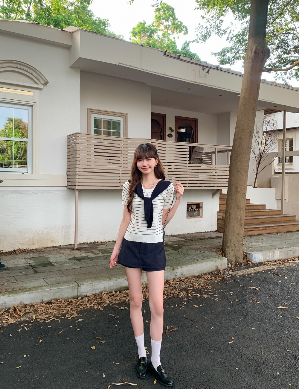 Stripe gray summer shawl loose short sleeve sweater for women