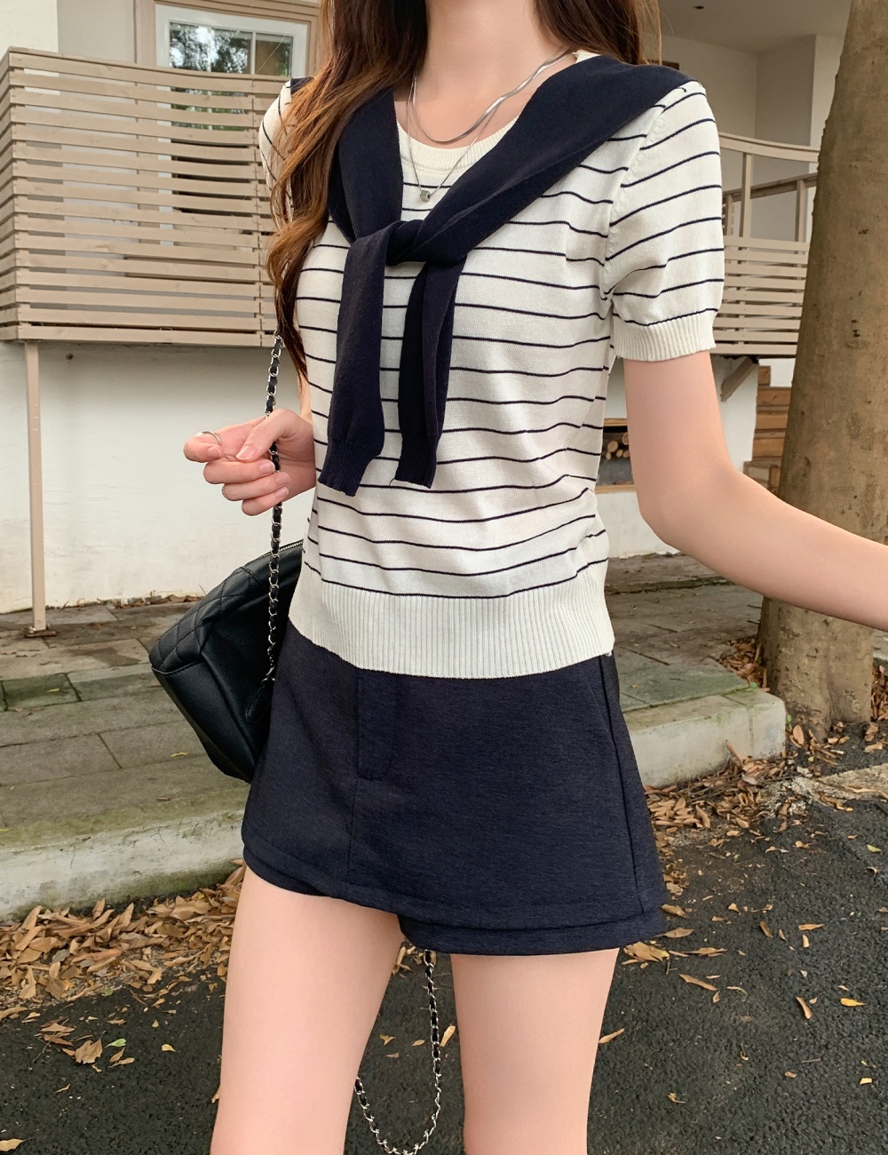 Stripe gray summer shawl loose short sleeve sweater for women