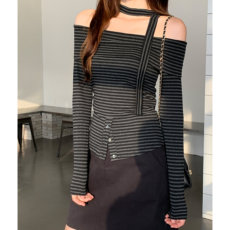 Stripe short T-shirt strapless bottoming shirt for women