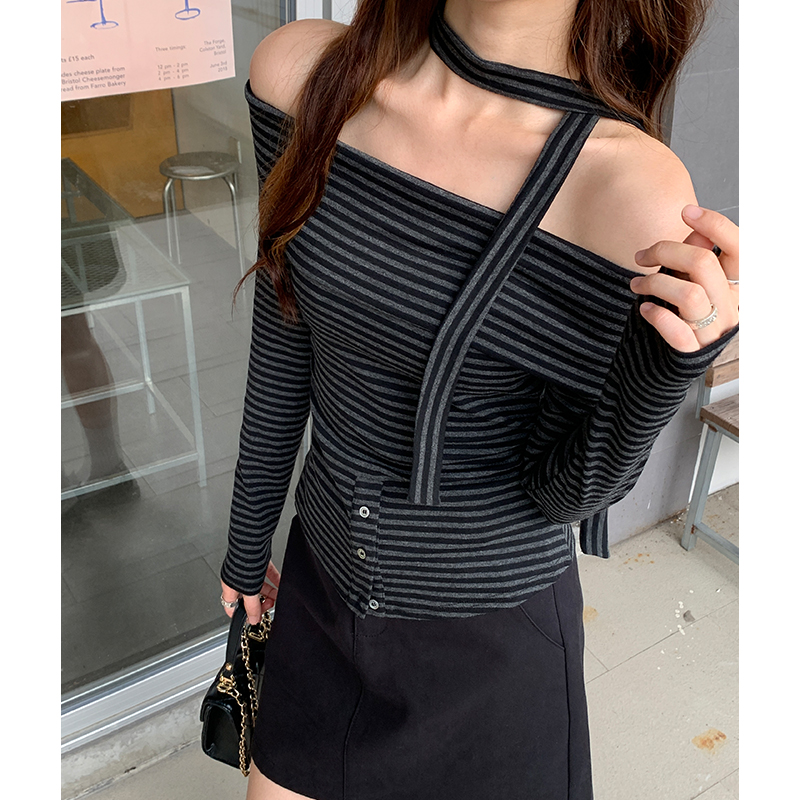 Stripe short T-shirt strapless bottoming shirt for women