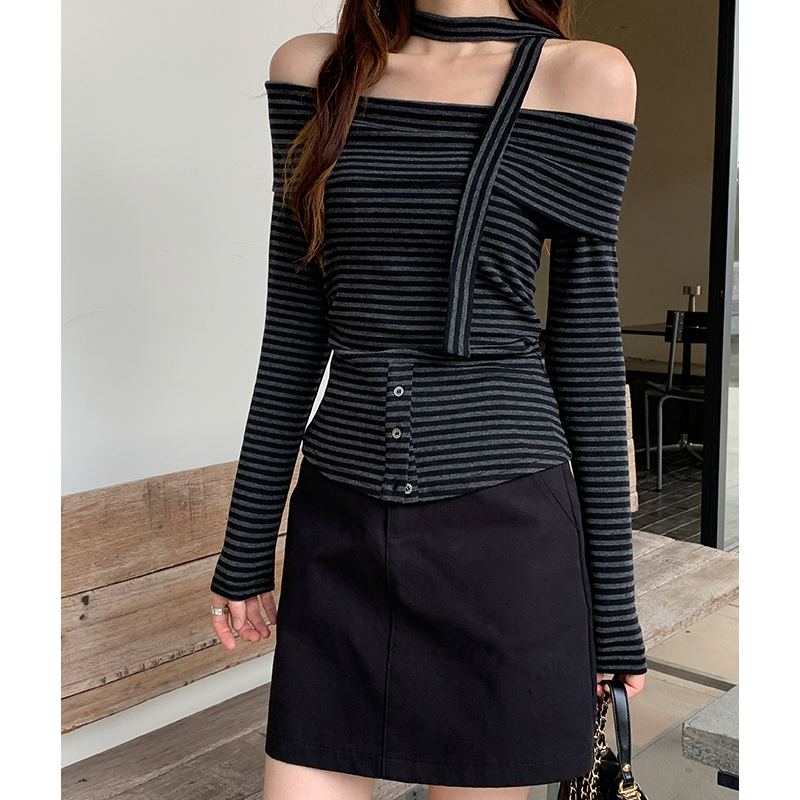 Stripe short T-shirt strapless bottoming shirt for women