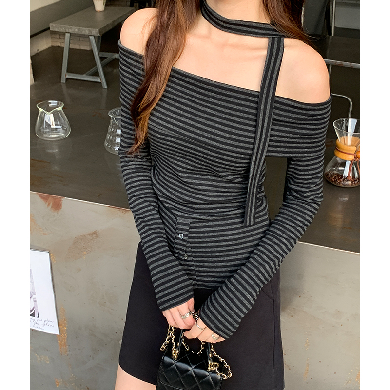 Stripe short T-shirt strapless bottoming shirt for women