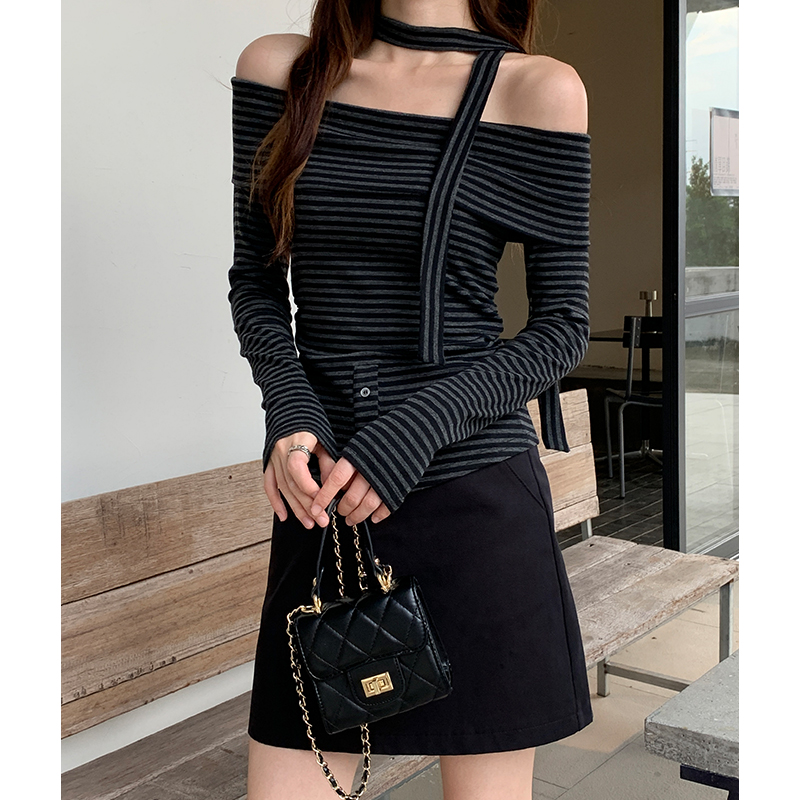 Stripe short T-shirt strapless bottoming shirt for women