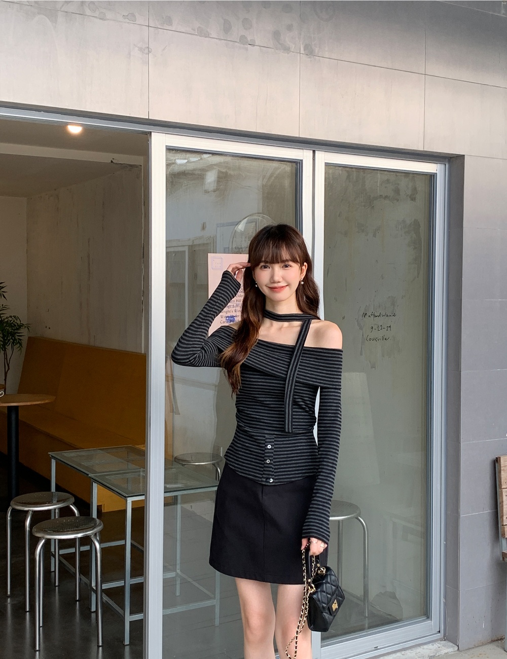 Stripe short T-shirt strapless bottoming shirt for women