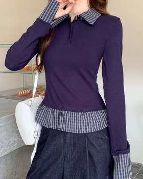 Pseudo-two slim plaid splice T-shirt for women