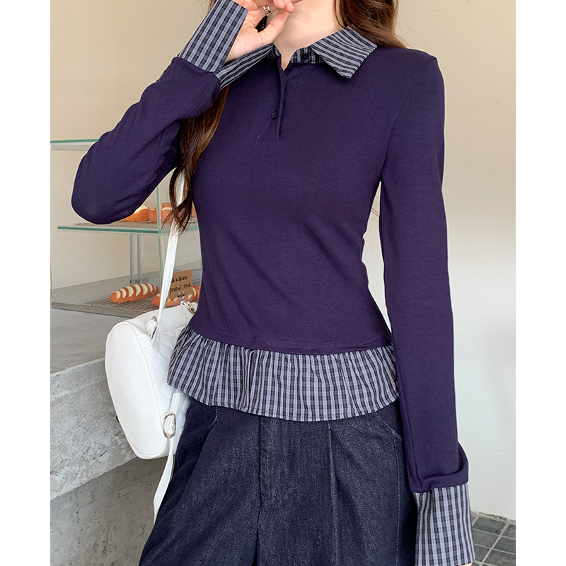 Pseudo-two slim plaid splice T-shirt for women