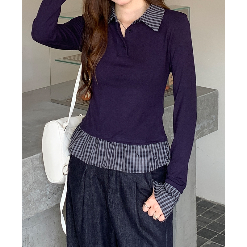 Pseudo-two slim plaid splice T-shirt for women