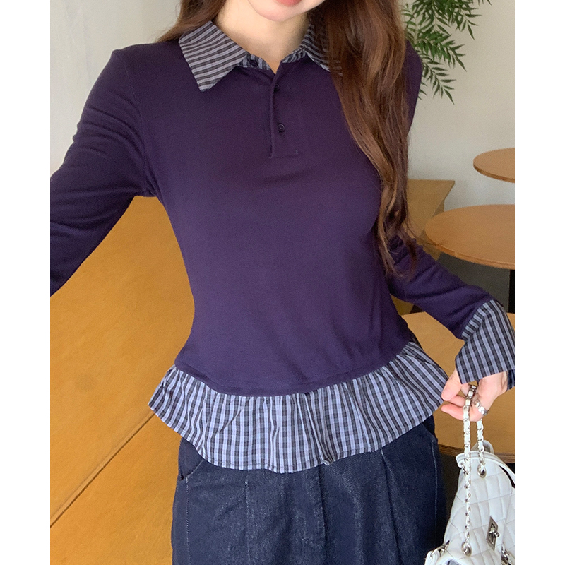 Pseudo-two slim plaid splice T-shirt for women
