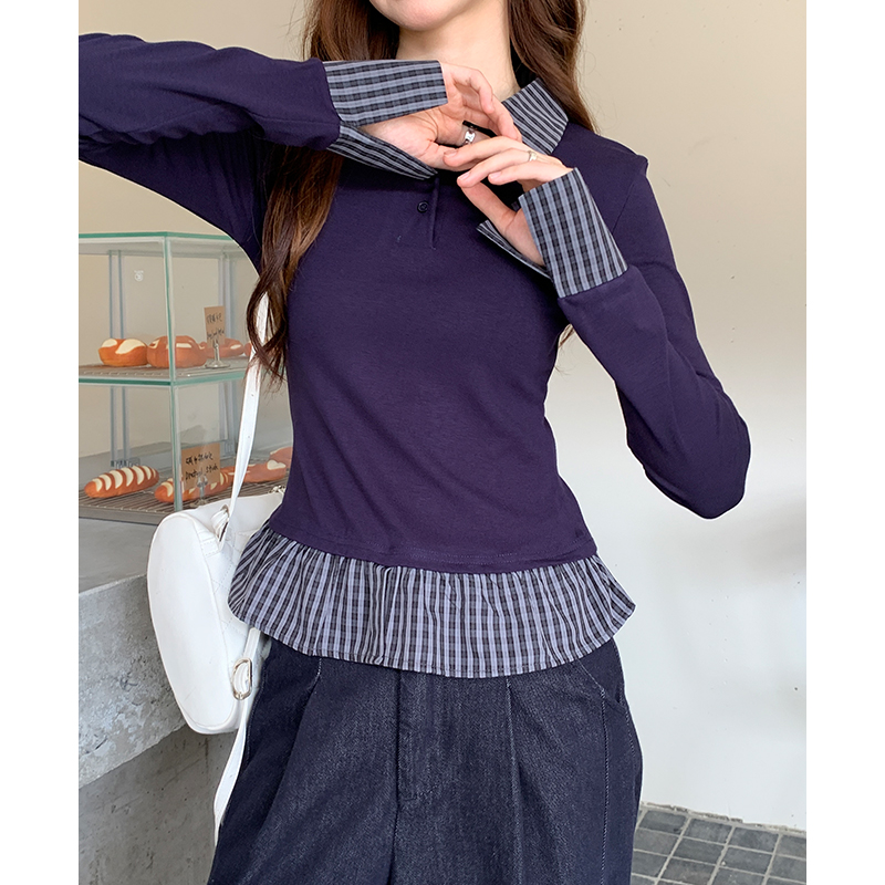 Pseudo-two slim plaid splice T-shirt for women