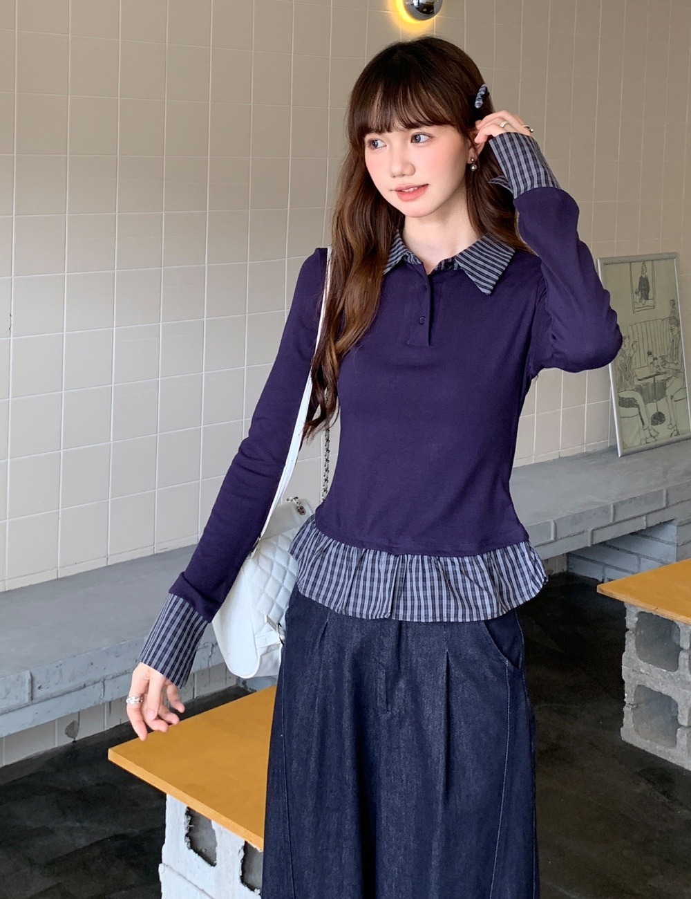 Pseudo-two slim plaid splice T-shirt for women