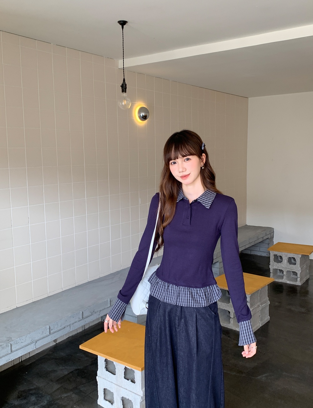 Pseudo-two slim plaid splice T-shirt for women
