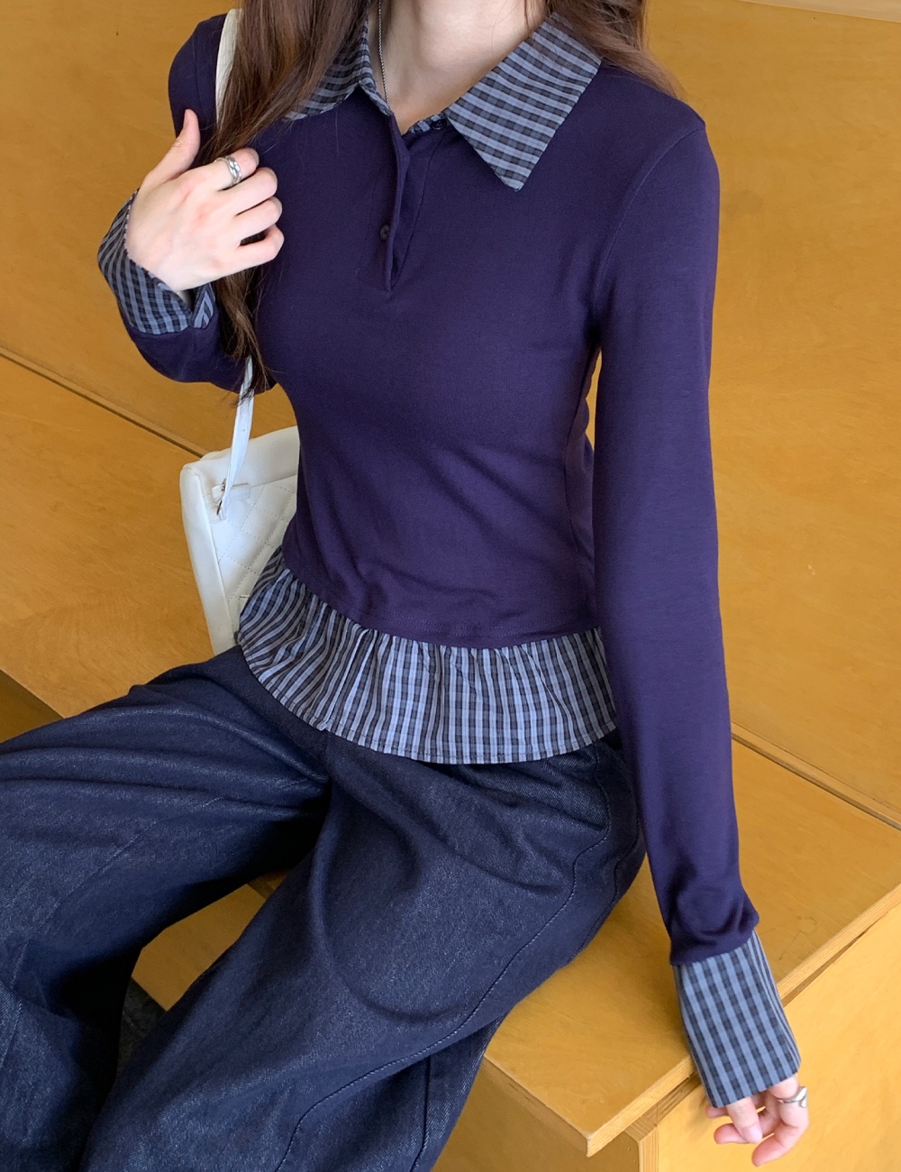 Pseudo-two slim plaid splice T-shirt for women