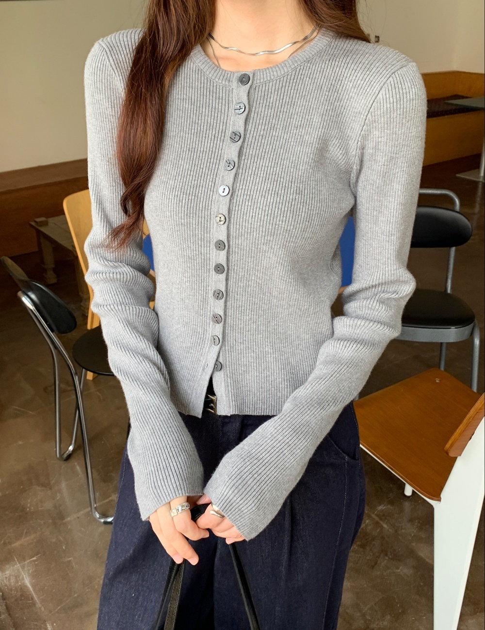 Round neck sweater long sleeve cardigan for women