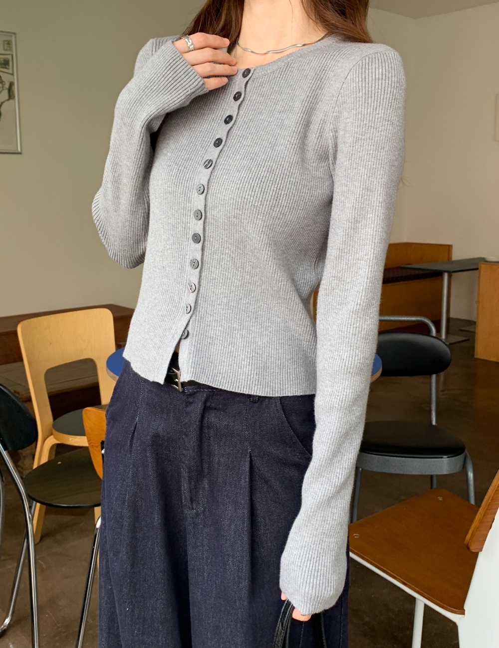 Round neck sweater long sleeve cardigan for women