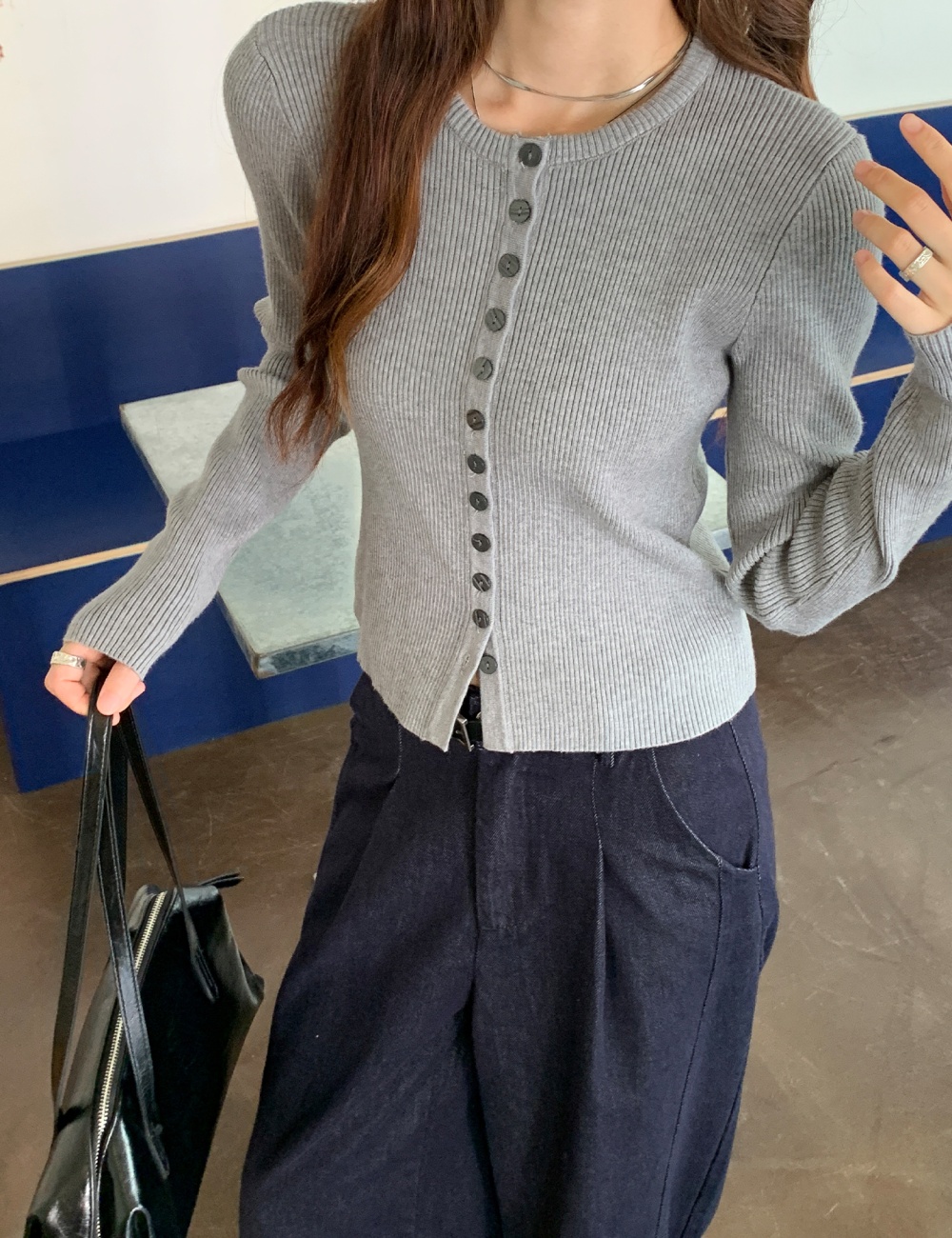 Round neck sweater long sleeve cardigan for women
