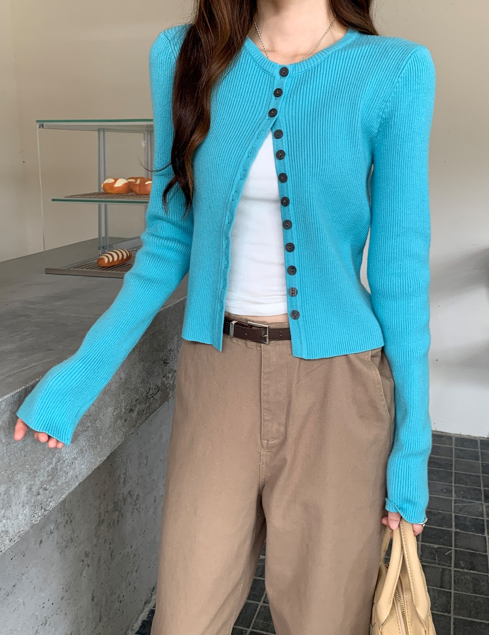 Round neck sweater long sleeve cardigan for women