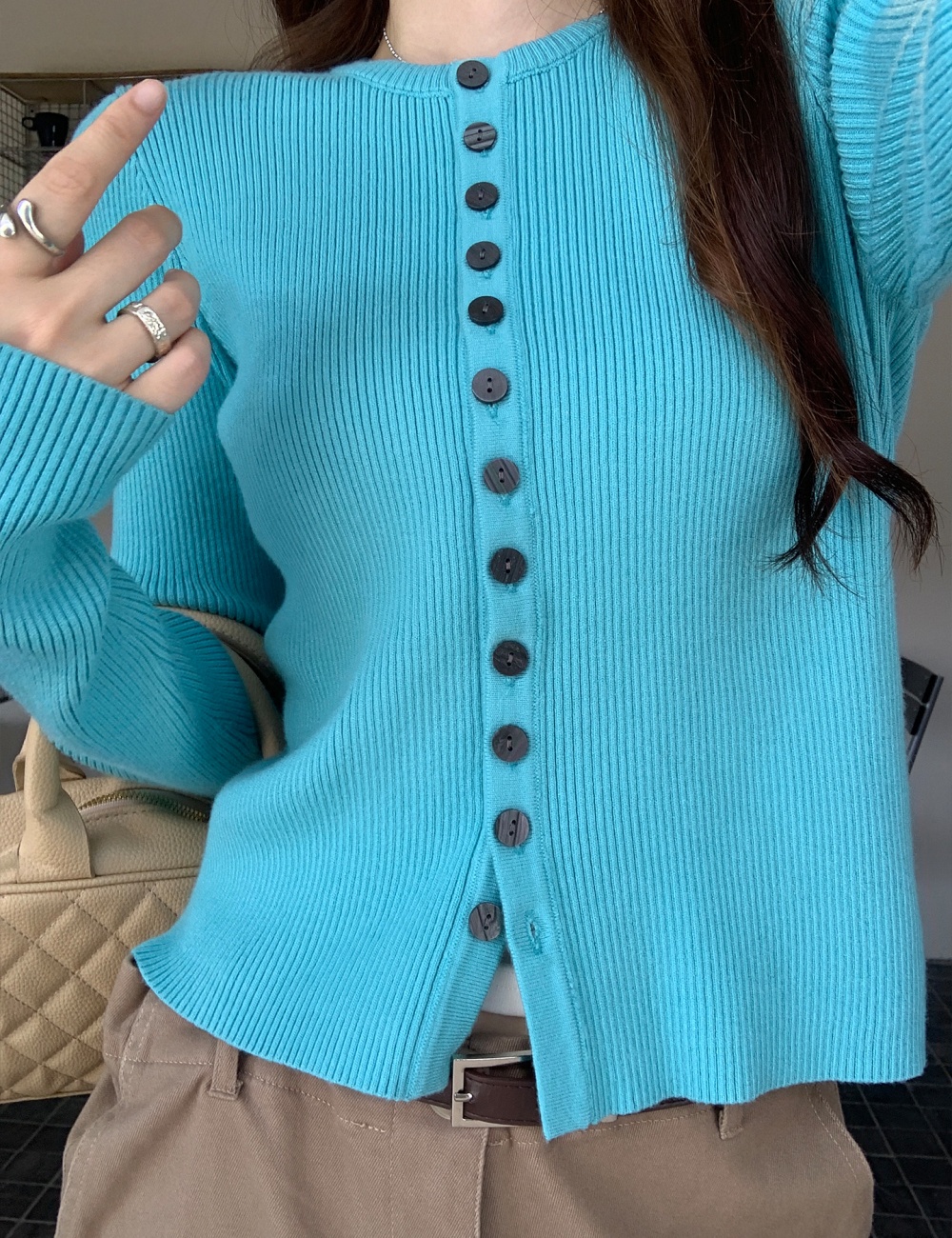 Round neck sweater long sleeve cardigan for women