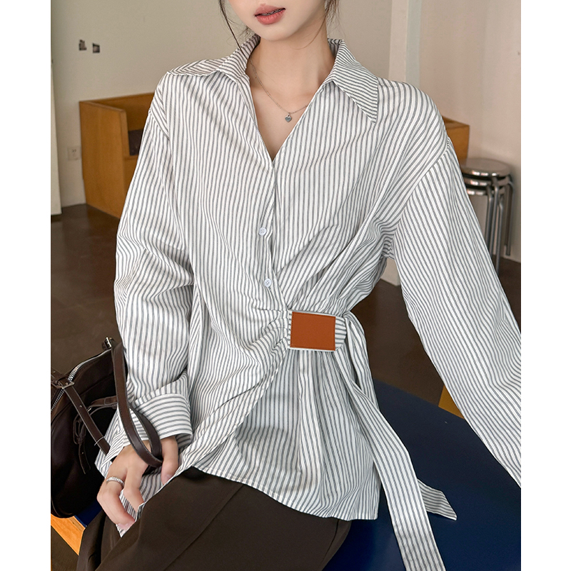 V-neck pinched waist coat autumn bandage shirt for women