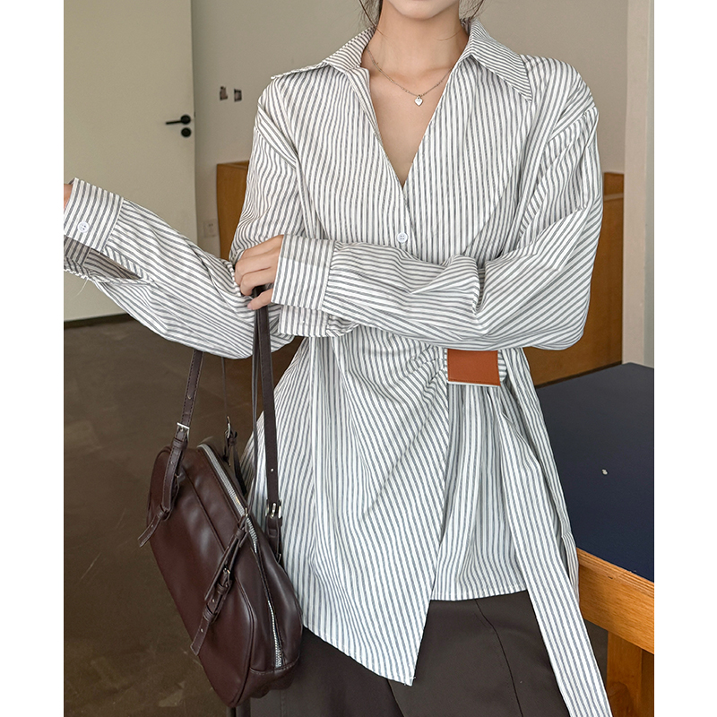 V-neck pinched waist coat autumn bandage shirt for women