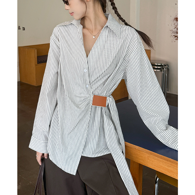 V-neck pinched waist coat autumn bandage shirt for women