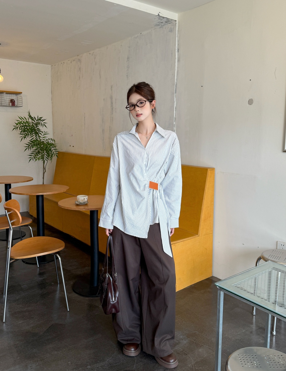 V-neck pinched waist coat autumn bandage shirt for women