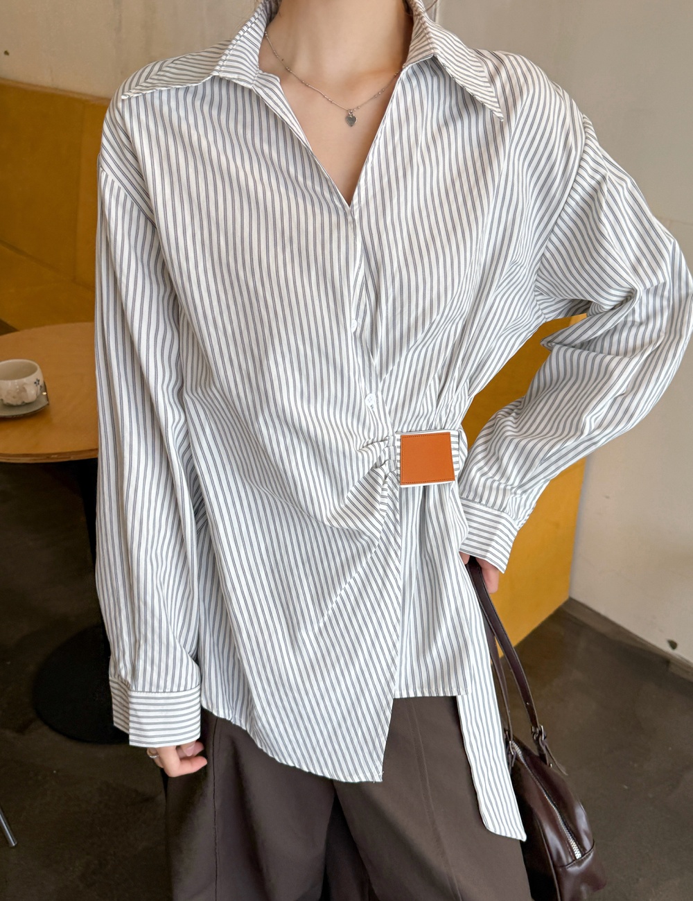 V-neck pinched waist coat autumn bandage shirt for women