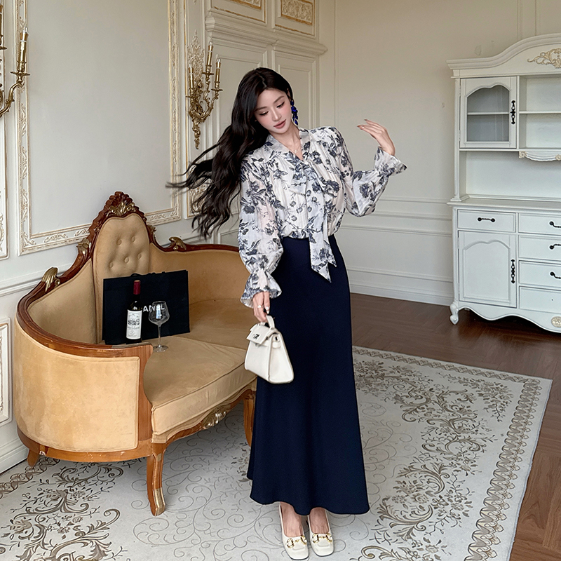 Long sleeve tops chiffon shirt 2pcs set