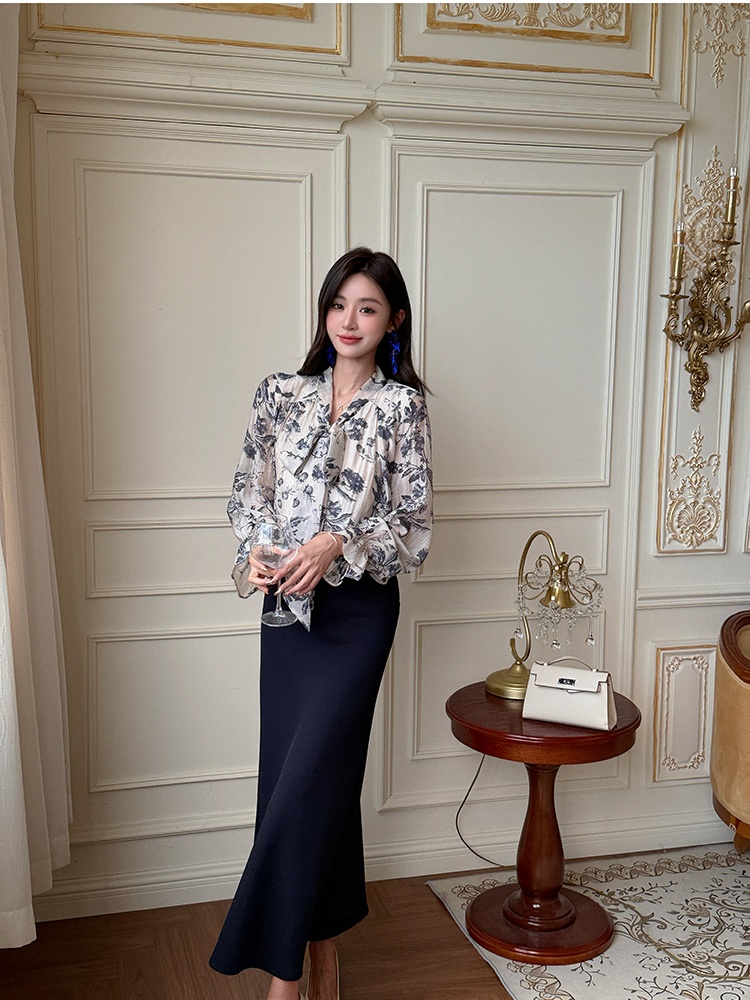 Long sleeve tops chiffon shirt 2pcs set