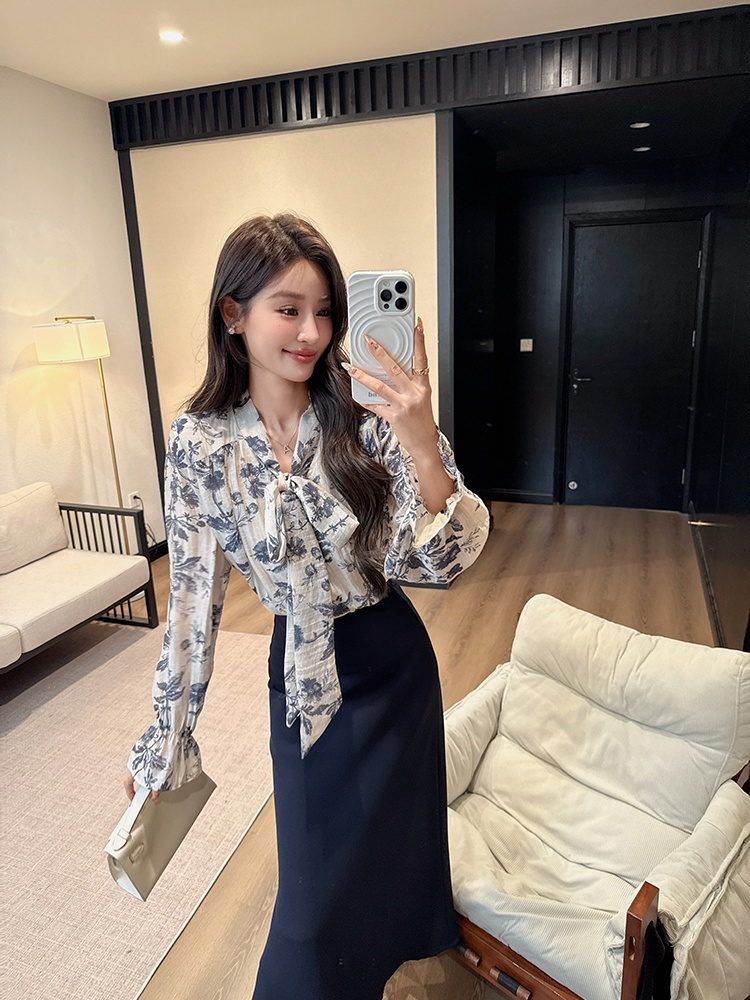 Long sleeve tops chiffon shirt 2pcs set