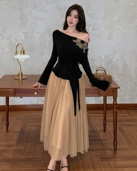 Drape elegant tops gauze pinched waist sweater 2pcs set
