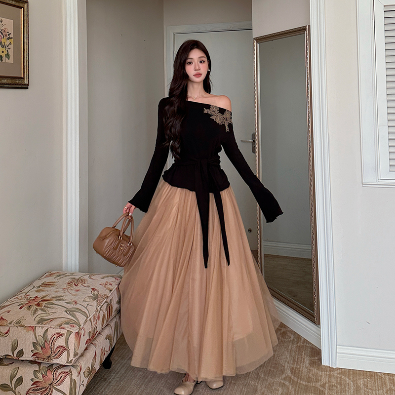 Drape elegant tops gauze pinched waist sweater 2pcs set
