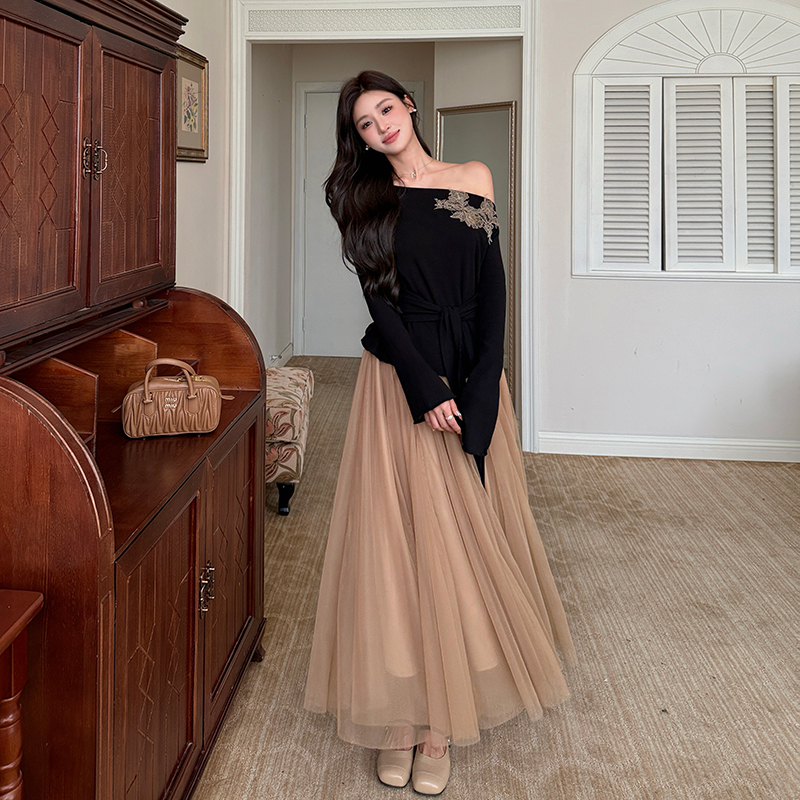 Drape elegant tops gauze pinched waist sweater 2pcs set