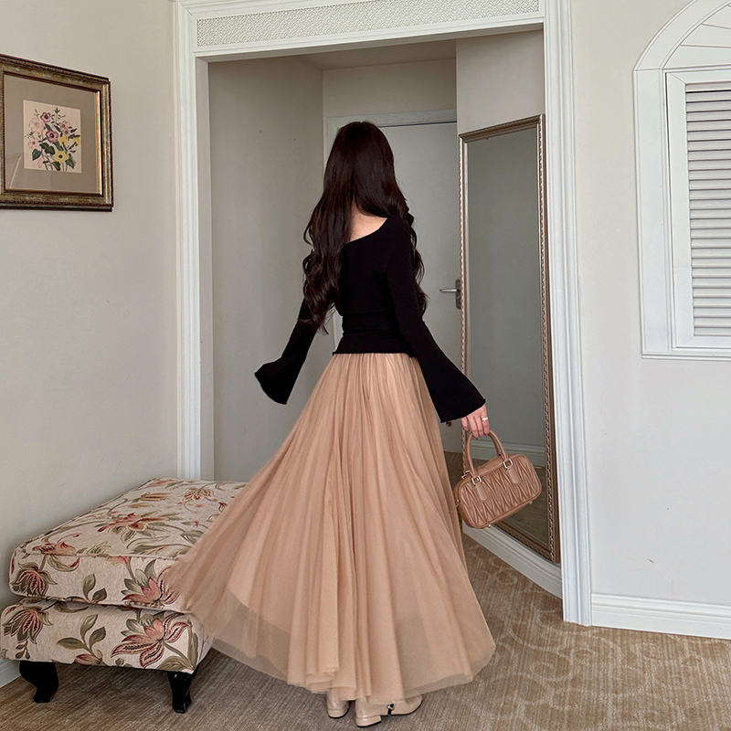Drape elegant tops gauze pinched waist sweater 2pcs set