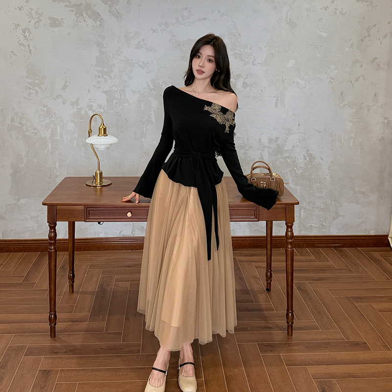 Drape elegant tops gauze pinched waist sweater 2pcs set