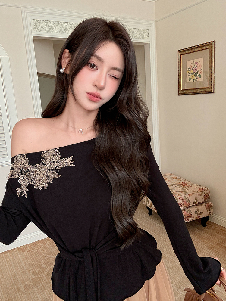 Drape elegant tops gauze pinched waist sweater 2pcs set