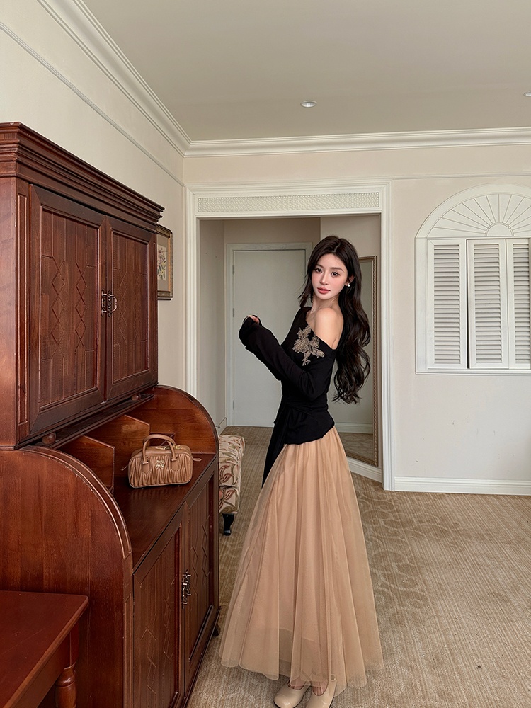 Drape elegant tops gauze pinched waist sweater 2pcs set